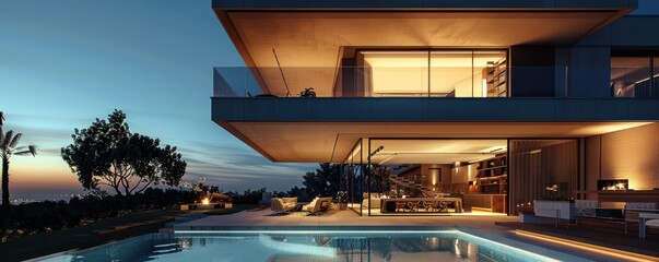 Fototapeta premium Luxurious modern house at dusk with warm lighting and large windows.