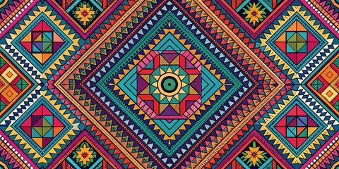 Vibrant Geometric Pattern with Interlocking Shapes and Bright Colors, Digital Art, Abstract, Ethnic, Geometric Pattern