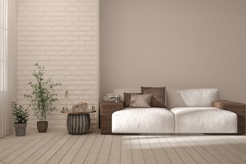 White living room with sofa. Scandinavian interior design. 3D illustration
