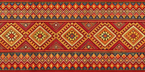 Vibrant Geometric Textile Design with Diamond and Floral Motifs, red, orange, yellow, blue, mosaic, pattern
