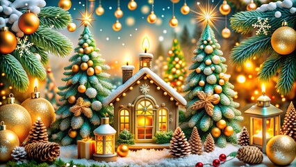 winter Christmas background, where elegant Christmas trees and small houses can be seen against the background of falling snowflakes