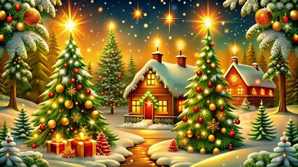 winter Christmas background, where elegant Christmas trees and small houses can be seen against the background of falling snowflakes