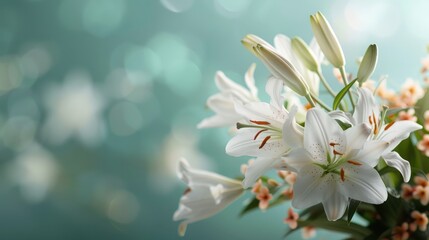 A delicate bouquet of white lilies with a soft, blurred teal background.