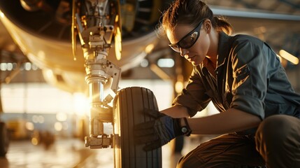 A female aircraft mechanic working on the landing gear of a vintage airplane in a hangar.