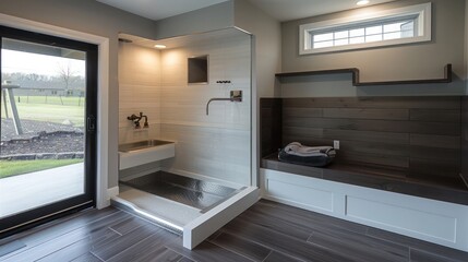 modern pet area in a suburban home, featuring a custom dog wash station and built-in feeding nooks