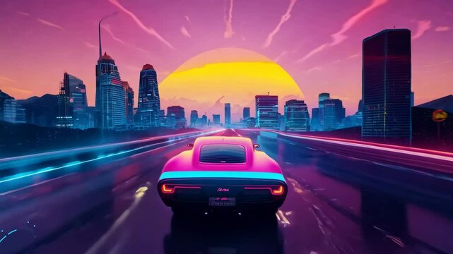 A neon retro car rides. A neon retro car rides into the neon sunset. 80s retro futuristic sci-fi seamless loop with vintage car. Riding in retrowave VJ videogame landscape, neon lights.