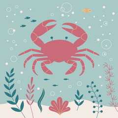 A flat art vector illustration featuring a pink crab.