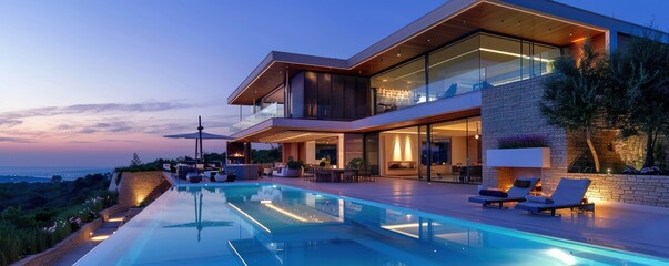 Luxurious modern house at dusk with warm lighting and large windows.