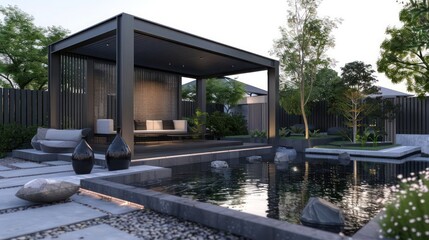 Obraz premium modern meditation pavilion in the backyard of a suburban home, with serene water features and ambient sound systems