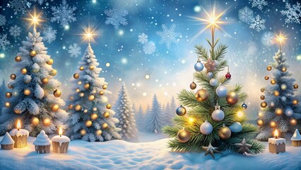 Obraz premium winter Christmas background, where elegant Christmas trees can be seen against the background of falling snowflakes