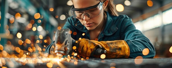 A woman in safety glasses and gloves uses a grinder on a metal surface.