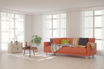 White living room with orange sofa. Scandinavian interior design. 3D illustration