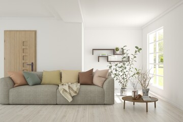 White living room with sofa. Scandinavian interior design. 3D illustration