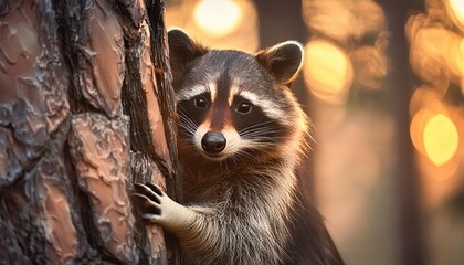 Fototapeta premium Playful Raccoon Peeking Behind Tree