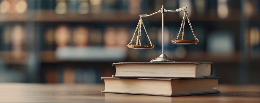 Scales of justice on law books in a library.