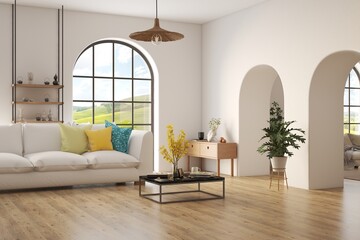 White living room with sofa and summer landscape in window. Scandinavian interior design. 3D illustration