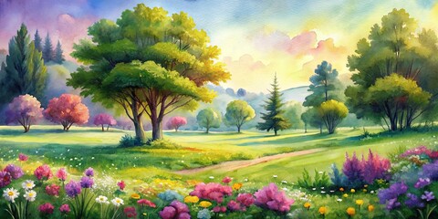 Naklejka premium Watercolor Landscape with Blooming Flowers and Sunlight, Trees, Meadow, Painting, Watercolor , Art , Nature