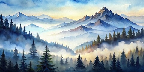 Obraz premium Watercolor Mountain Landscape - A Misty Sunrise, Watercolor Painting, Mountain, Landscape, Nature, Sky, Trees