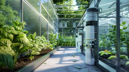 modern, automated greenhouse in a suburban home, with temperature control and automated plant feeding systems