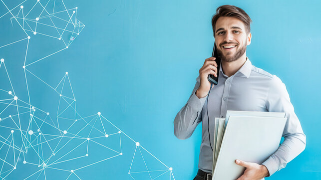 A Man Smiles During a Business Call in an Office With a Network Visualization