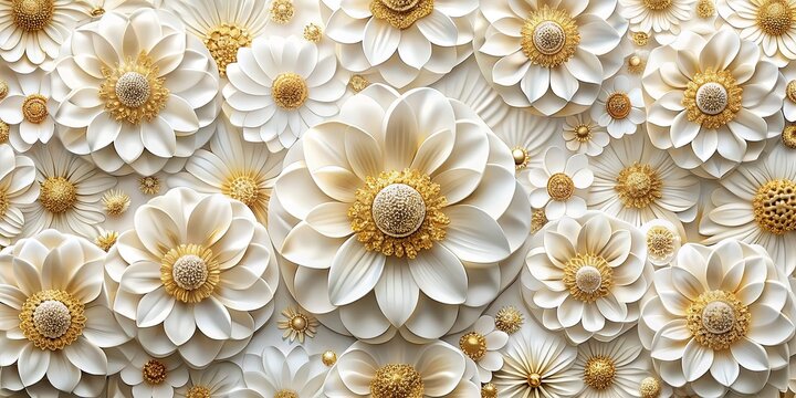 Fototapeta White and Gold 3D Flowers, 3D Floral Pattern, White Flowers, Gold Accents, Floral Design