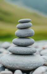 Stack of five smooth grey stones balanced on top of each other against a blurry green background.