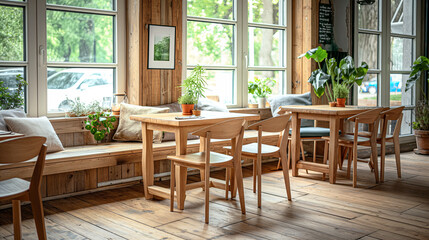 Obraz premium Cozy Modern Cafe Interior with Natural Light and Green Plants