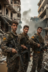 Fototapeta premium YPG Forces Bracing for Combat against the Backdrop of a Ruined City