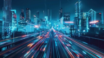 Fototapeta premium Futuristic Cityscape with Neon Lights and Speeding Traffic