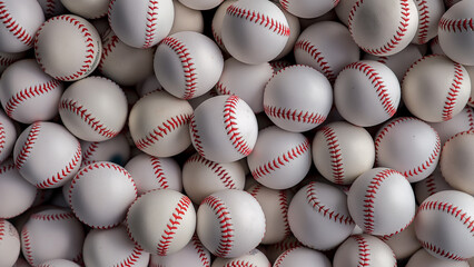 Top view of a pile of many baseball balls, sport background