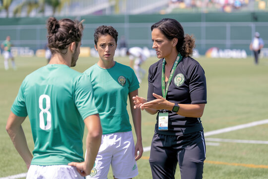 On the Soccer Field at Midday, a Female Coach in a Tracksuit Discusses Game Strategy with Three Adult Players Before Their Match