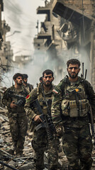 Fototapeta premium YPG Forces Bracing for Combat against the Backdrop of a Ruined City
