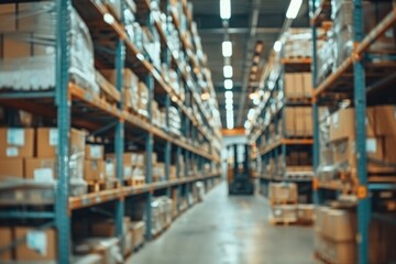 Retail warehouse with shelves of goods, pallets, and forklifts.
