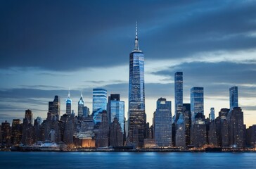 Panoramic view of new york city skyline at dusk at twilight