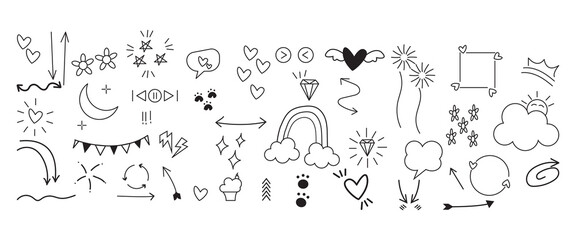 Hand drawn doodle vector set, love, Natural , firework, cloud, weather, rainbow, snow, heart and creative design vector collection.