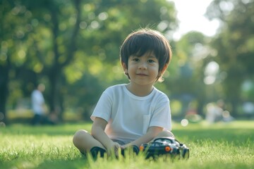 Five-year-old boy with dark hair in a white t-shirt, sitting on the grass in a park with a toy car next to him, sunny day.