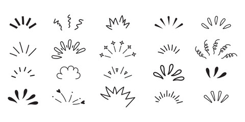 Doodle shine sunburst sparkle ray elements. Hand drawn pop surprise line frame for title headline illustration.  awareness, inspiration, sunburst, sun rays, surprises, etc. Doodle vector illustration.