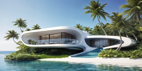 modern two-story house with a curved glass facade, set on a beach with palm trees and a clear blue sky.