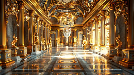 Fototapeta premium Golden Hallway With Statues and Chandeliers in a Grand Palace