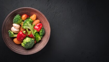 vegetables in a bowl on a black background, top view, copy space 