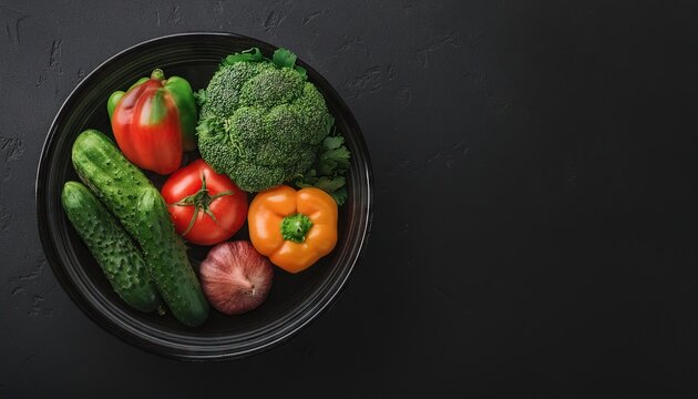 vegetables in a bowl on a black background, top view, copy space  - Powered by Adobe