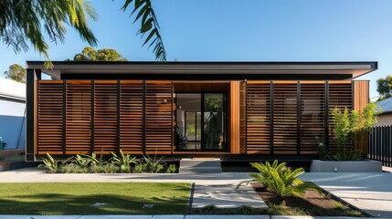 contemporary suburban home featuring a dynamic facade with movable wooden panels that adjust for sunlight and privacy