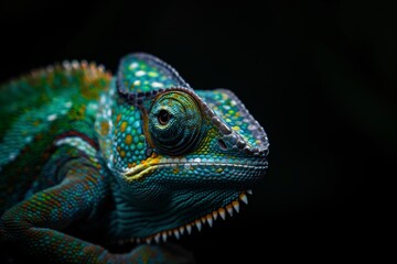A close up of a green and yellow chameleon. The chameleon has a green head and yellow stripes on its body
