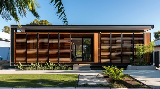contemporary suburban home featuring a dynamic facade with movable wooden panels that adjust for sunlight and privacy
