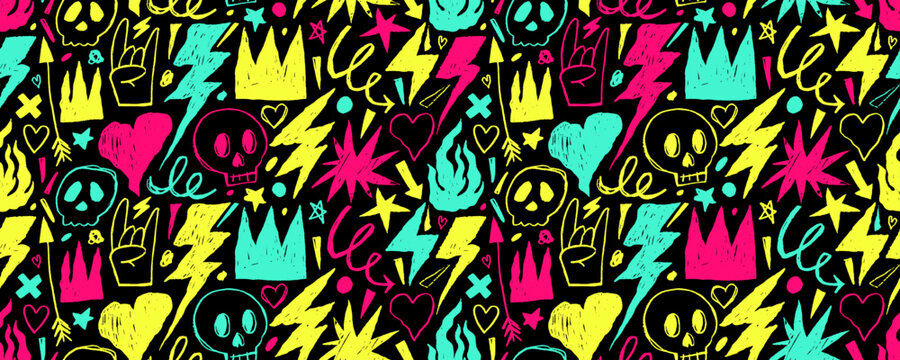 Bright colored seamless pattern with punk grunge elements. Crayon drawn lightnings, crowns, arrows and sculls. Hand drawn doodle grunge seamless banner design with quirky icons.