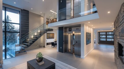contemporary suburban home with an architectural focus on vertical living, featuring multiple levels connected by a sleek glass elevator