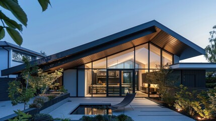 contemporary suburban home with a unique, angular roof design and a hidden courtyard that offers a private retreat
