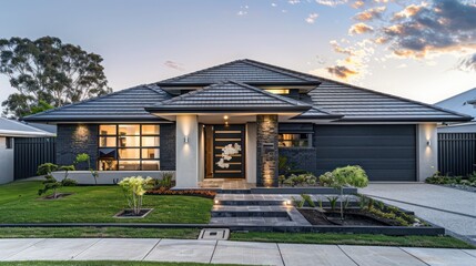 contemporary suburban home with an asymmetrical roof design and hidden gutters, presenting a clean and modern exterior