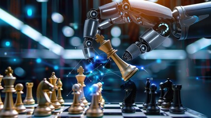 Fototapeta premium Robot hand playing chess holding a king figure skillfully.