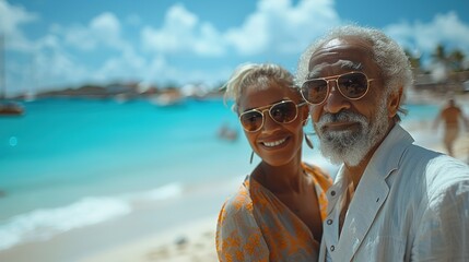 Elderly intelligent couple in love spending time romantically on the beach near the sea, walking holding hands and gently hugging.